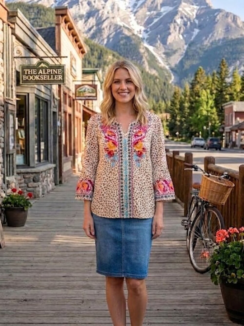 Savanna Jane Boho Embroidered Floral 3/4 Bell Sleeve Tunic Top Size Large
